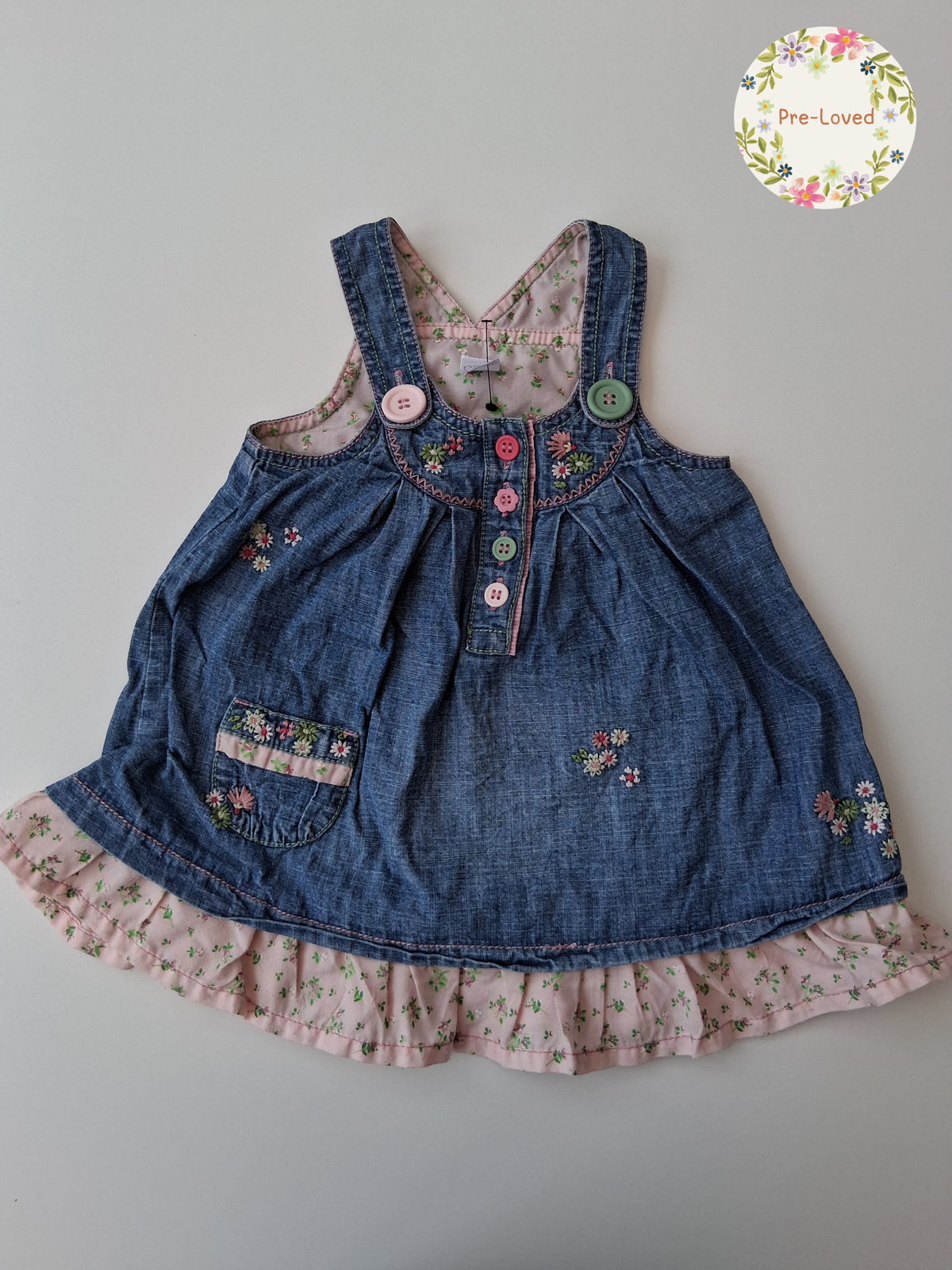 Next - Denim dress with floral embroidery - 6-9 Months
