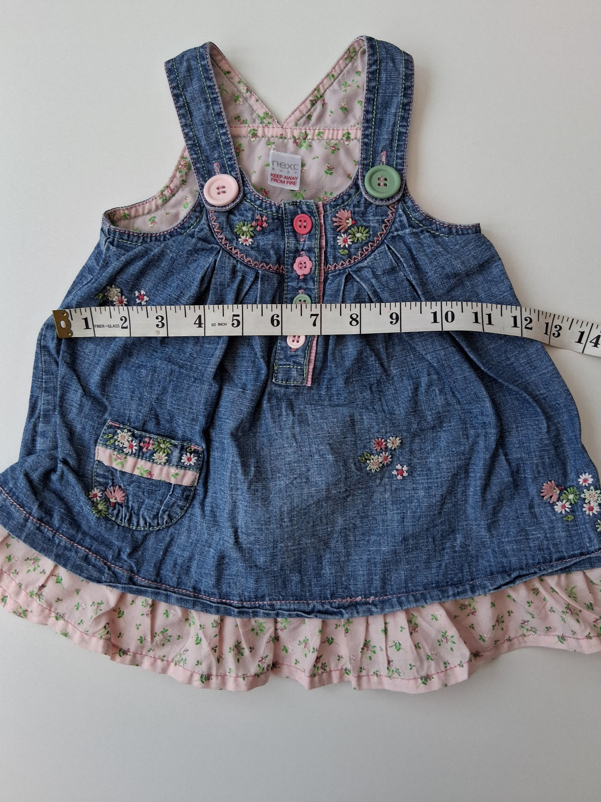 Next - Denim dress with floral embroidery - 6-9 Months